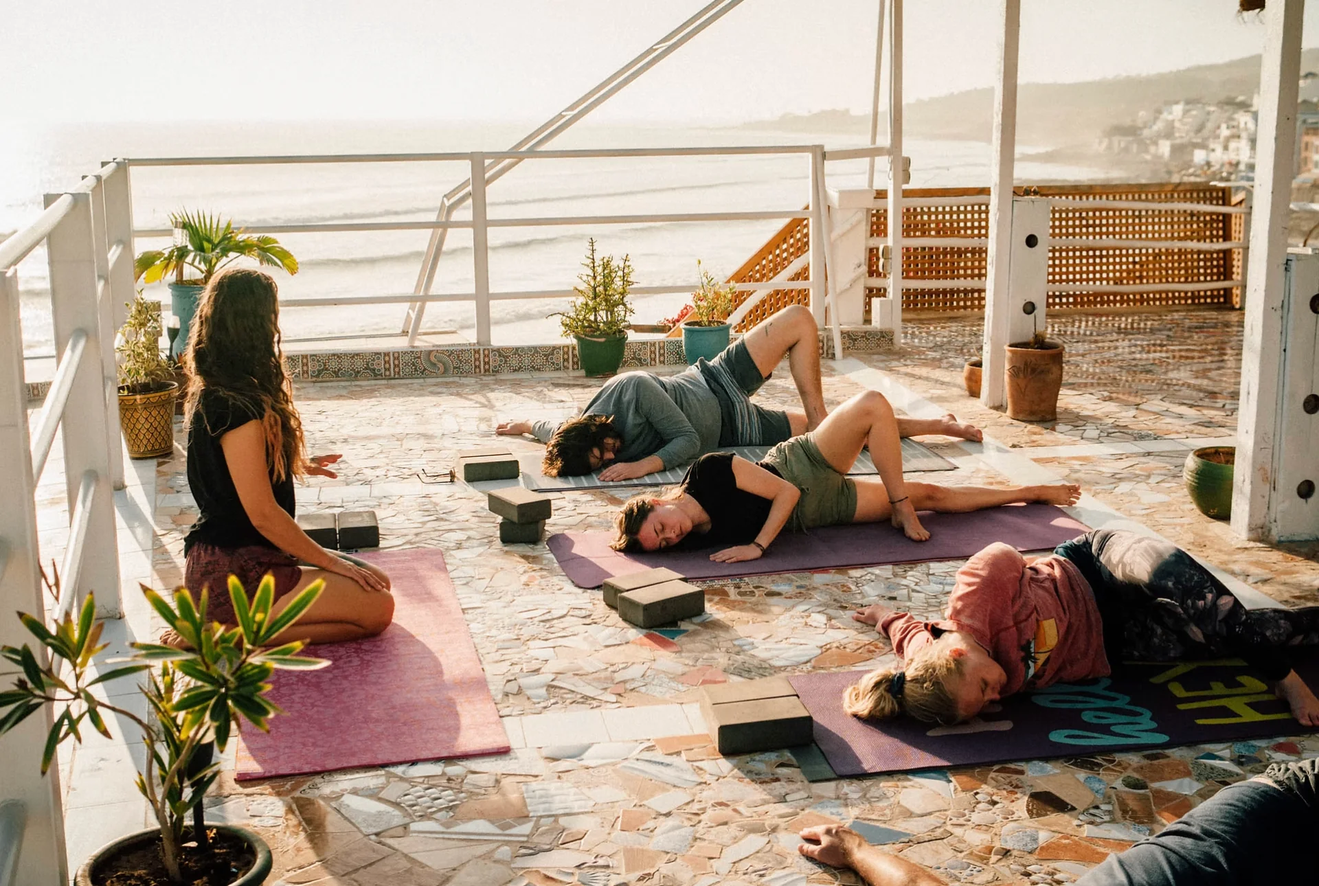 Rooftop yoga with ocean views