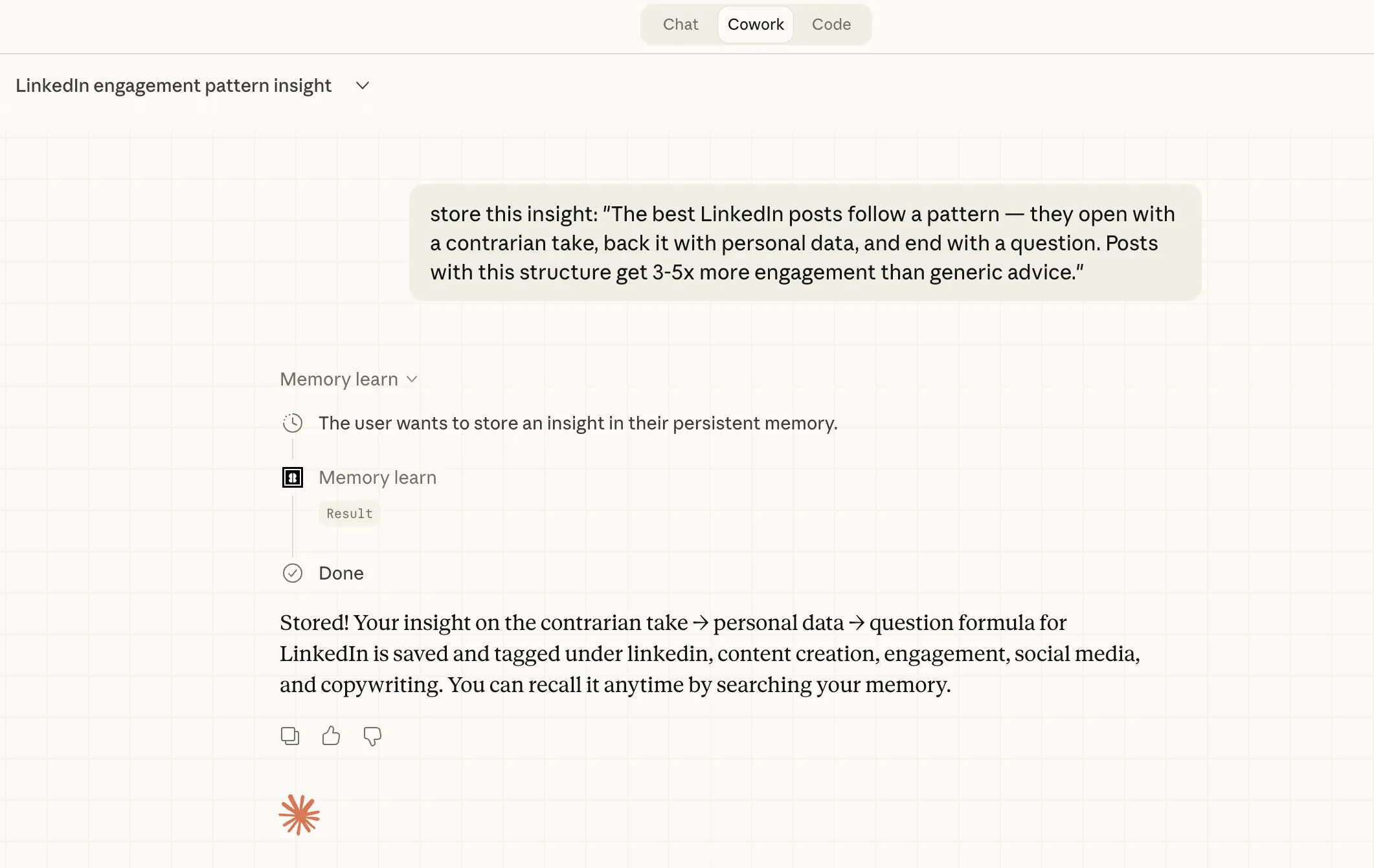 MemoryOS knowledge_learn tool in Claude Cowork — storing a LinkedIn engagement pattern insight with automatic tagging
